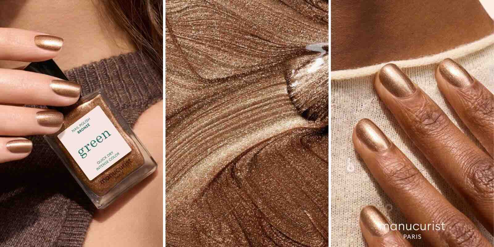 Bronzé, un vernis à ongles marron cuivré scintillant de la collection GREEN™ Manucurist, capturant la lumière de l’été pour une manucure éclatante et précieuse